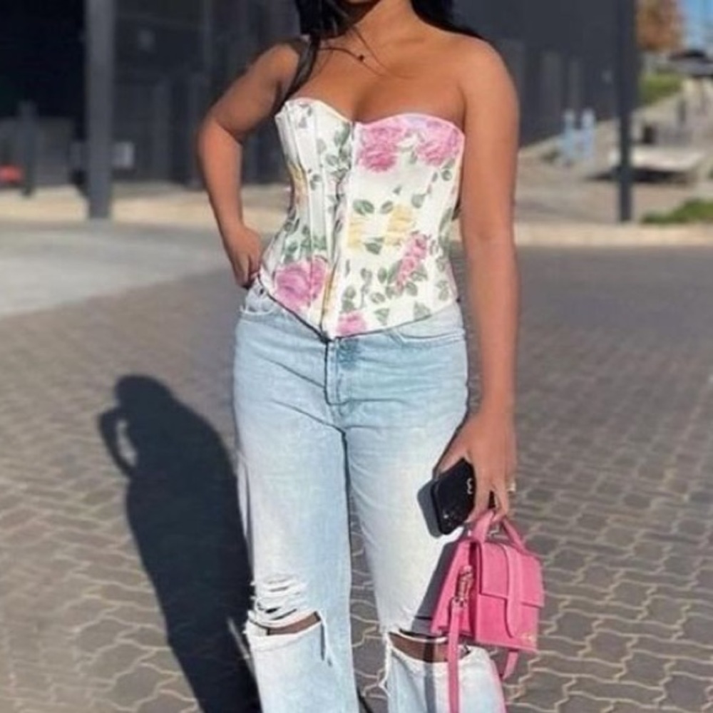 Zara Cream Floral Corset Top with Pink Yellow and Lavender Roses - Picture 3 of 8